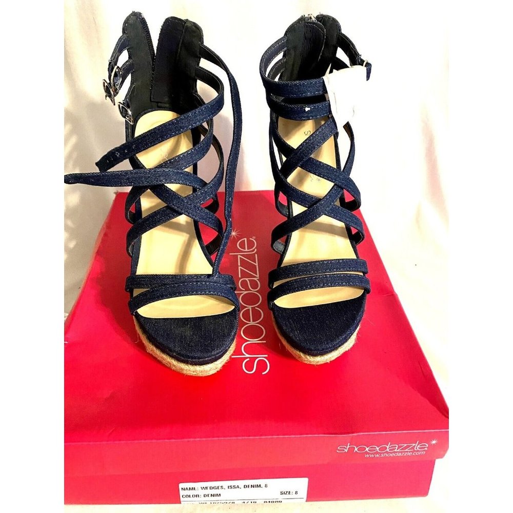 Shoe Dazzle Size 8 Denim 6 Inch Wedge 2 In Platform Strappy Sandal in Box
